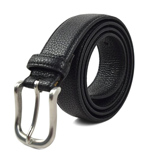 A black pebbled leather belt with a silver buckle.