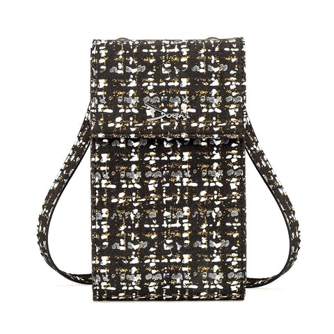 A rectangular bag with a black and white pattern.