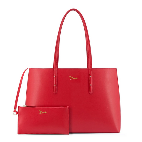 A red tote bag with a smaller zippered pouch in the same color. Both have an embossed "Doshi" logo in gold.