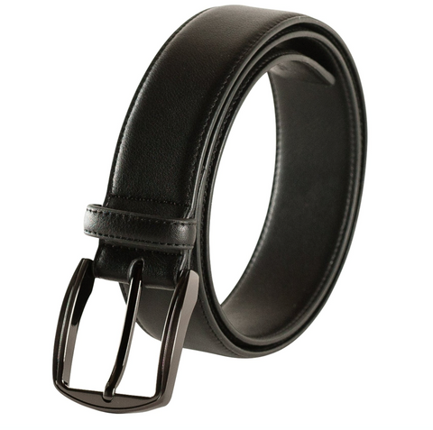 A black belt with a gunmetal square buckle.