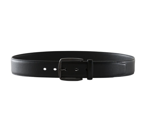 Doshi Polished Gunmetal Belt - a black leather belt with a dark gunmetal grey buckle.