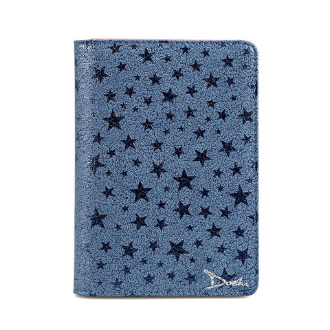 A blue passport wallet with a star pattern and the Doshi logo in silver in the bottom right corner.