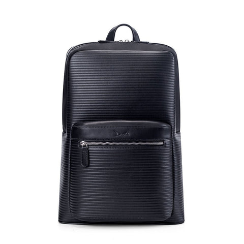 A black backpack with a ribbed texture and a small, zippered front pocket.