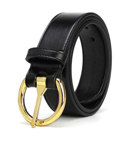 A black belt with a gold ring buckle.