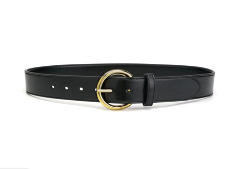 A black belt with a gold ring buckle.