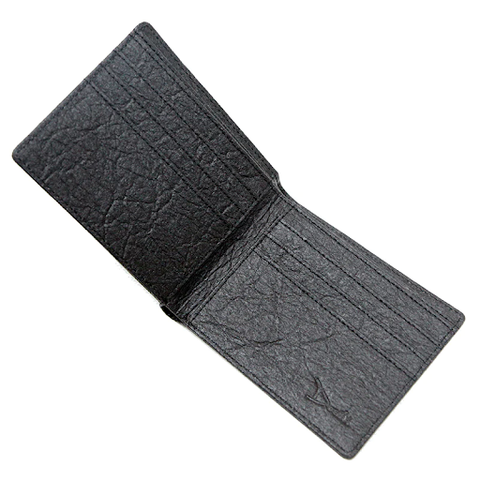 A black bifold wallet with a leather-like finish 