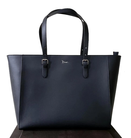 A black tote bag with silver buckles on the handles and a small embossed "Doshi" logo.