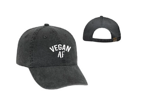 A black baseball cap with the words "Vegan AF" in white block font.