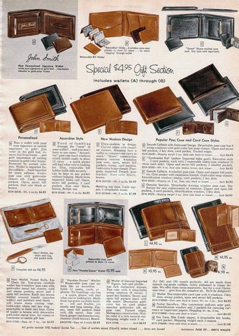 A 1950s catelogue page depicting various leather wallets.