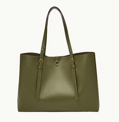 A green tote bag with top handles.