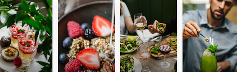 A series of four images showing a glass of red fruit puree, granola with berries, a wine tasing, and a man stirring a green frozen cocktail.