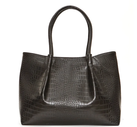 A black tote bag with a crocodile skin pattern.