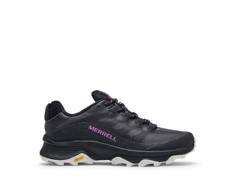 A black sneaker with purple text along the arch that reads, "Merrell".