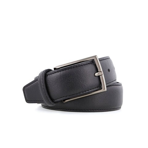 A black leather belt with a long silver buckle.