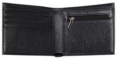 Black pebbled leather bifold wallet with coin pouch.