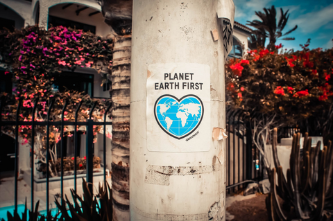 A light-wooded tree in front of some wrought iron fencing, with a poster that says "Planet Earth First" and bears a picture of a hear-shaped map of Earth.