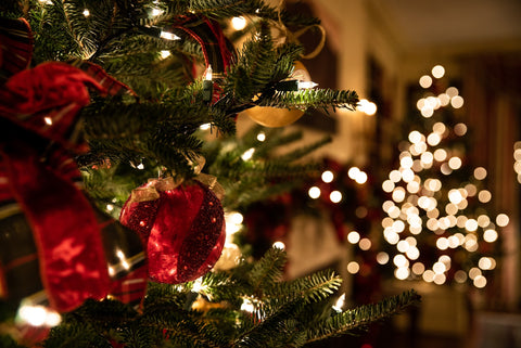 A close shot of a Christmas tree's branches, decked in red ribbon and baubles.