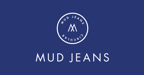 The company's logo - "Mud Jeans" in white on a blue background, with a trade seal above it.