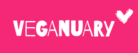 The text "Veganuary" in a white font with alternating thicknesses. There is a heart at the end of the word. The whole thing appears on a hot pink background.