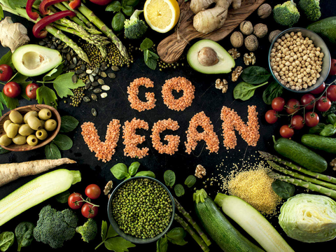 Grains spell out "Go Vegan." The words are surrounded by various fruits, nuts, and vegetables in mostly greens and browns.