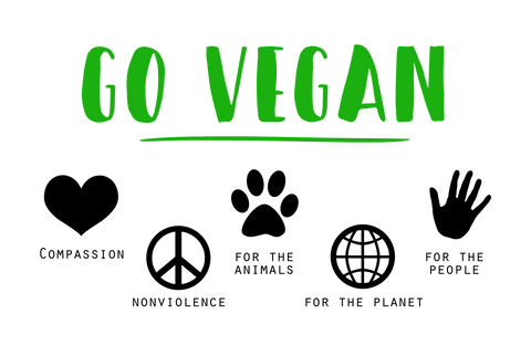 Green text at the top reads "Go Vegan." Beneath are five graphics - a heart, a peace sign, a paw print, a globe, and a handprint, labeled respectively "compassion," "nonviolence," "for the animals," "for the planet," and "for the people."