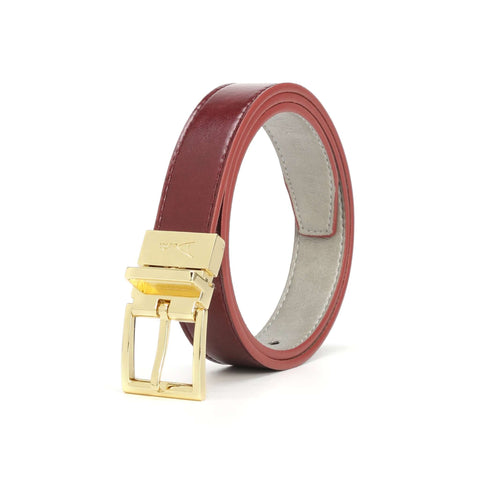 A mahogany-colored belt with a white interior and a gold square buckle.