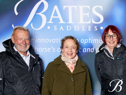 Bates Saddles works with leading riders throughout their careers to continue to develop their performance capability. Pictured: Ron Bates, Isabell Werth and Ellen Bates.