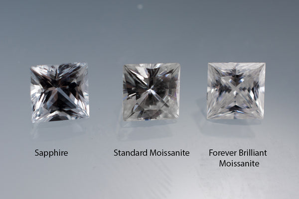 Princess cut white sapphire (left) vs. Standard Moissanite (middle)  vs Forever Briliant Moissanite (right)