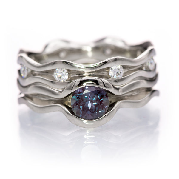 Wave Bridal engagement ring with alexandrite engagement ring and diamond band by Nodeform