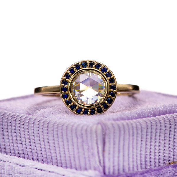 Rose cut moissanite ring with blue sapphire Halo