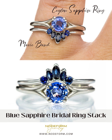 Bridal ring stack with Ceylon blue sapphire engagement ring and sapphire macy band