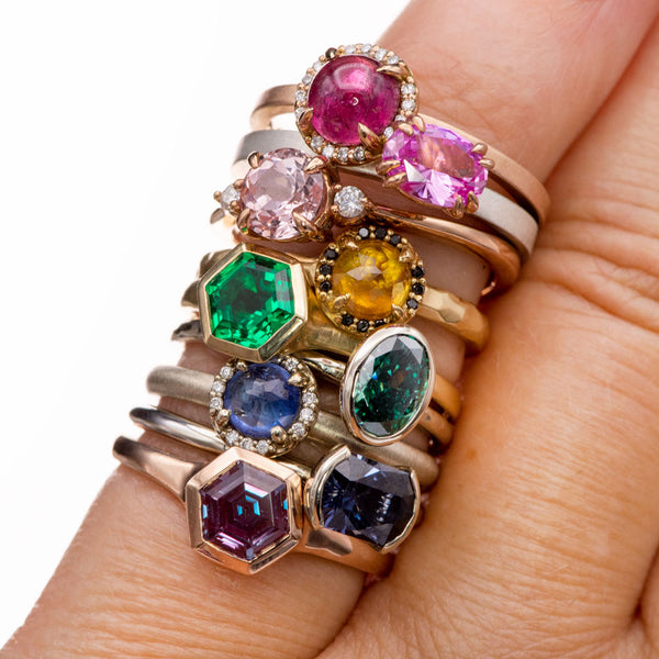 Raibnbow colored gemstone rings by Nodeform