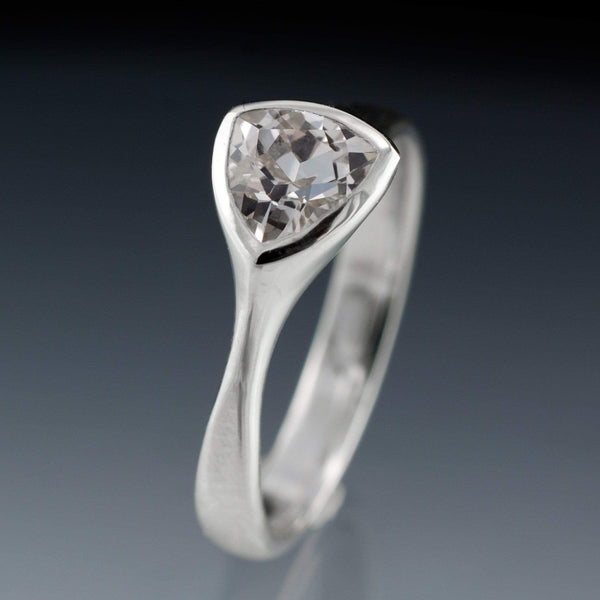 Trillion white sapphire engagement ring in palaldium, platinum or gold