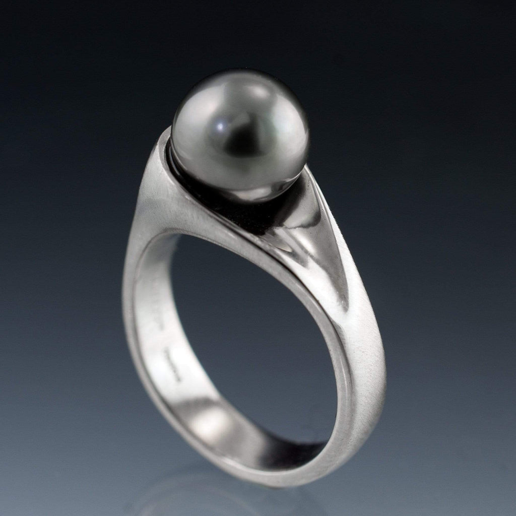 Modern Simple Tahitian Black Pearl Engagement Ring