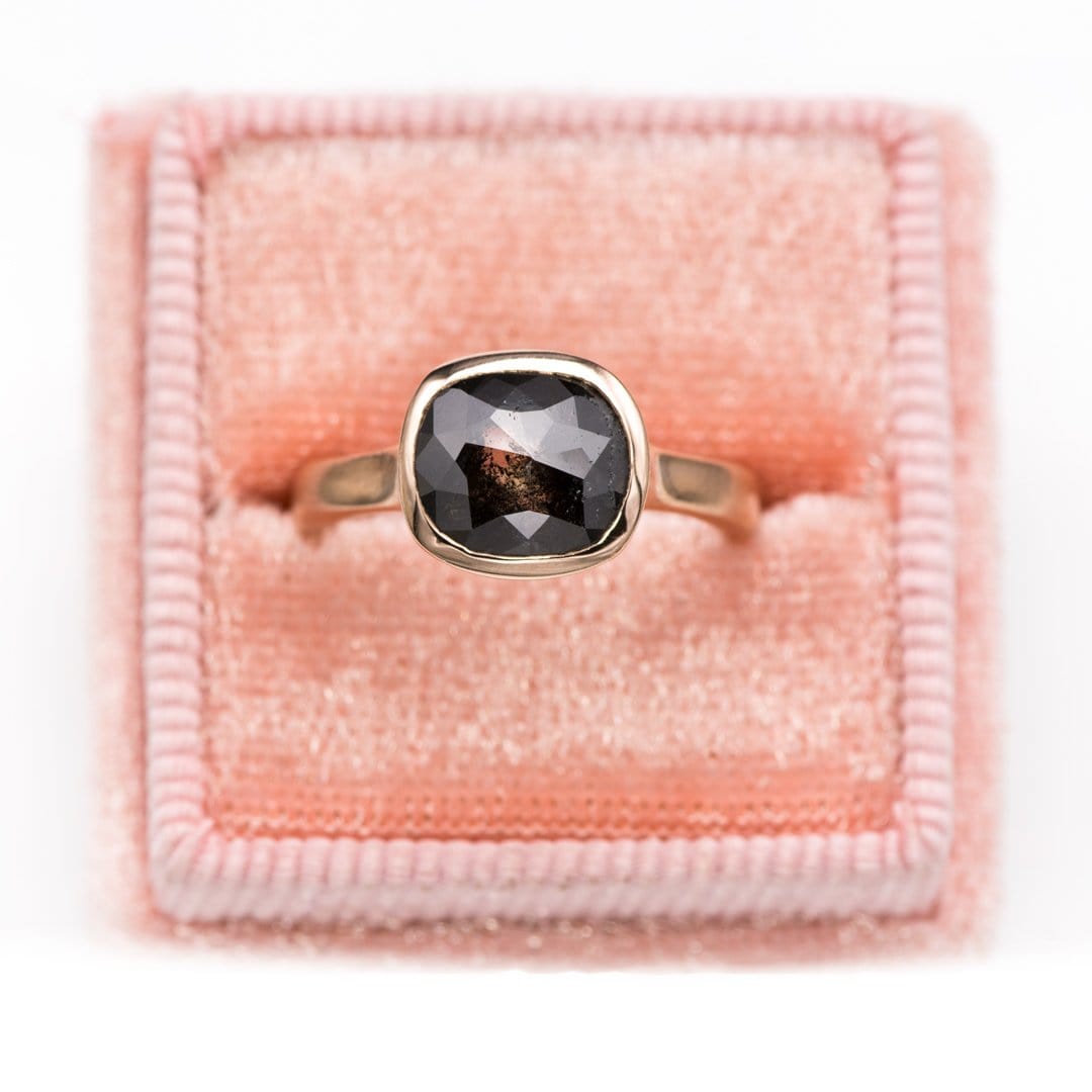 CUSTOM ORDER, CUSHION BLACK ROSE CUT S&P DIAMOND ROSE GOLD BEZEL SOLITAIRE ENGAGEMENT RING