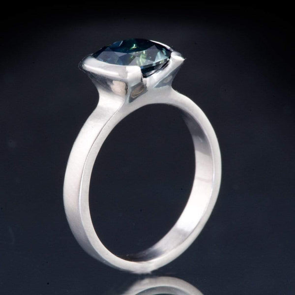 side view Cushion Cut Teal Blue Sapphire Half Bezel Solitaire Engagement Ring