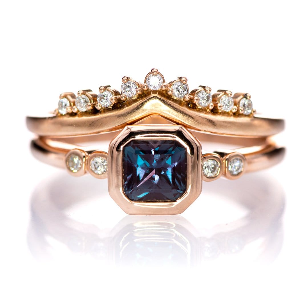 Brooklynn - Bezel Set Square Radiant Alexandrite 14k Rose Gold Engagement Ring with Moissanite Accents