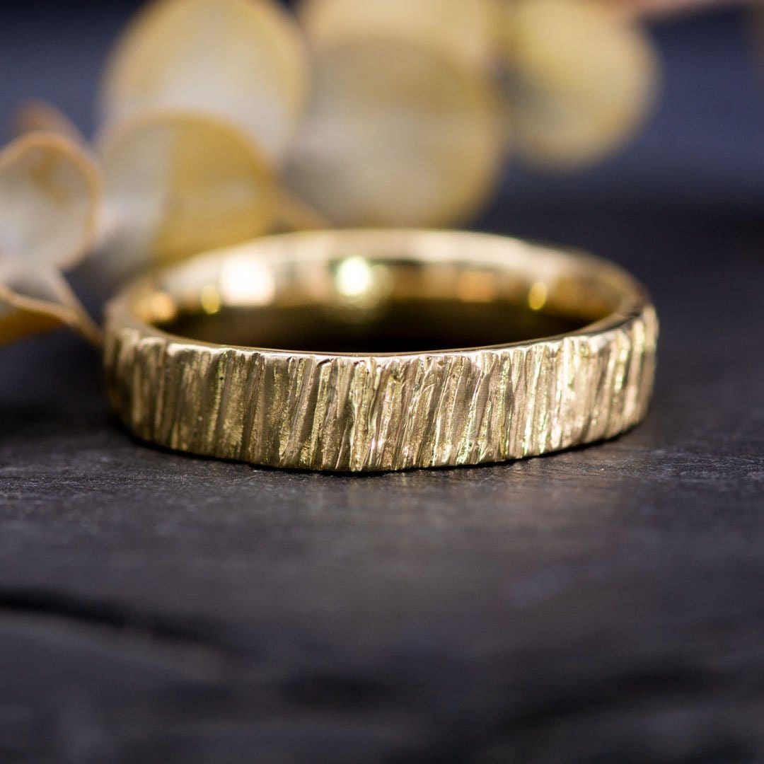 Wide Saw Cut Texture Wedding Band in Yellow Gold or Rose Gold - Nodeform