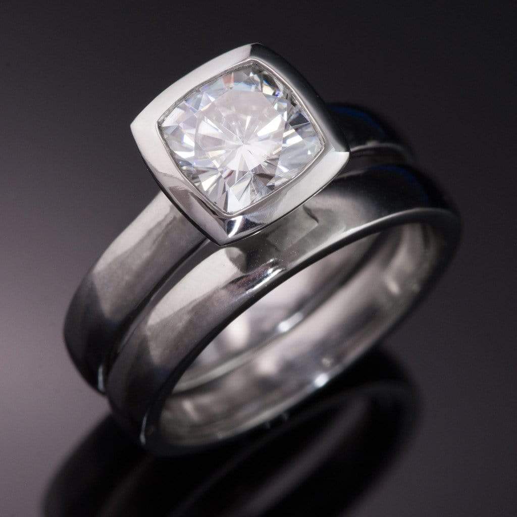 Cushion Moissanite Bezel Engagement Ring and Wedding Band ...