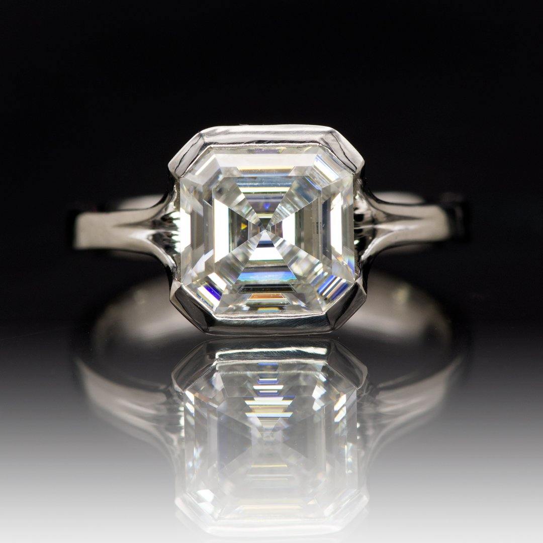 Asscher Cut Moissanite Fold Semi-Bezel Set Solitaire Engagement Ring