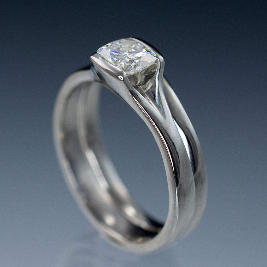 Bridal Set Cushion Moissanite Fold Semi-Bezel Solitaire