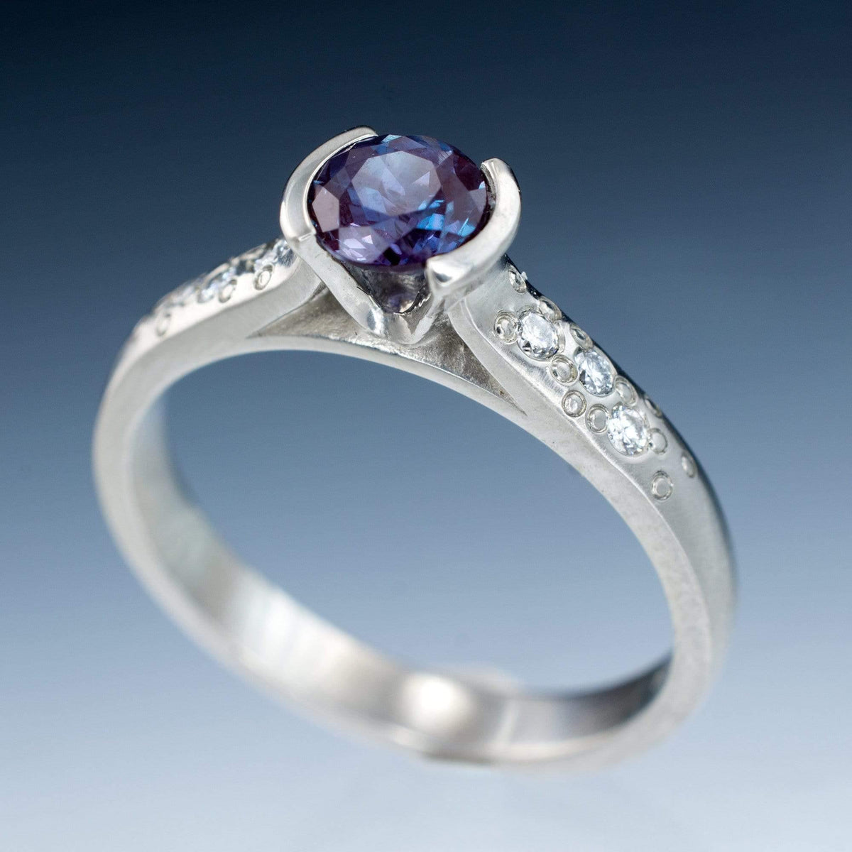 Alexandrite Half Bezel Diamond Star Dust Palladium Engagement Ring