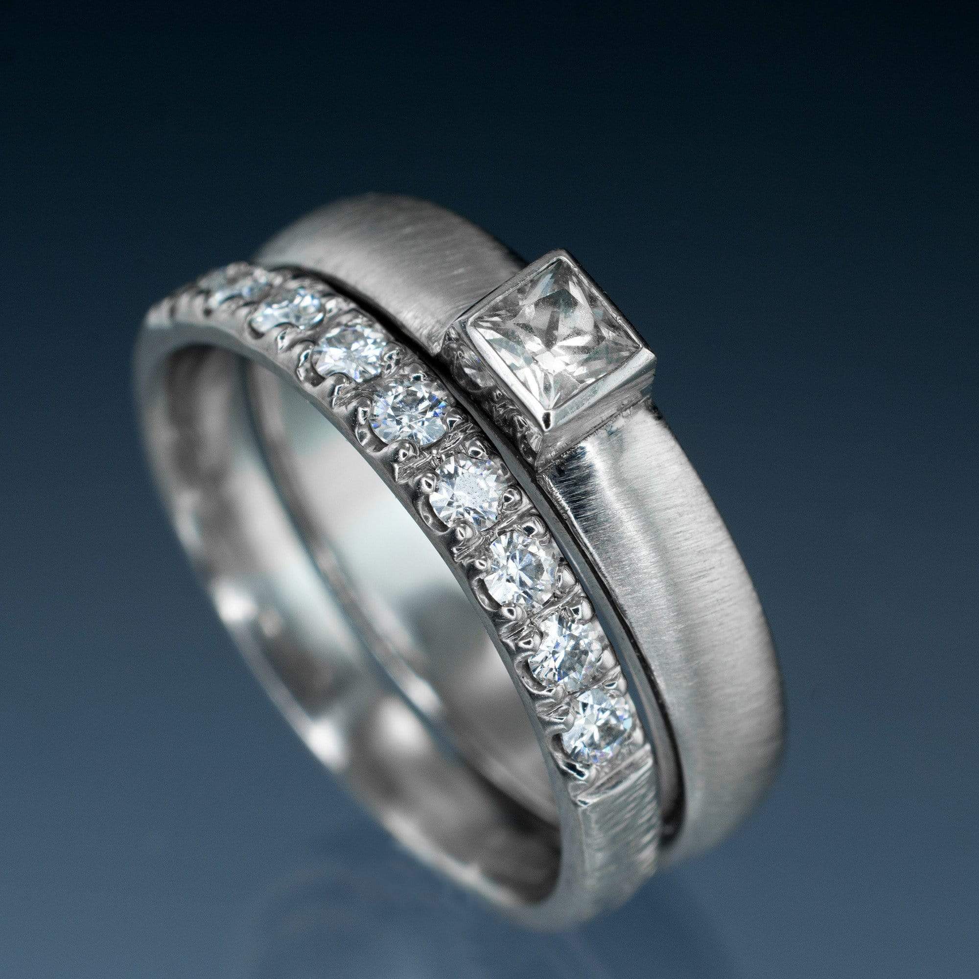 Princess Cut Moissanite Modern Bezel & Pave Band Bridal Wedding Ring S