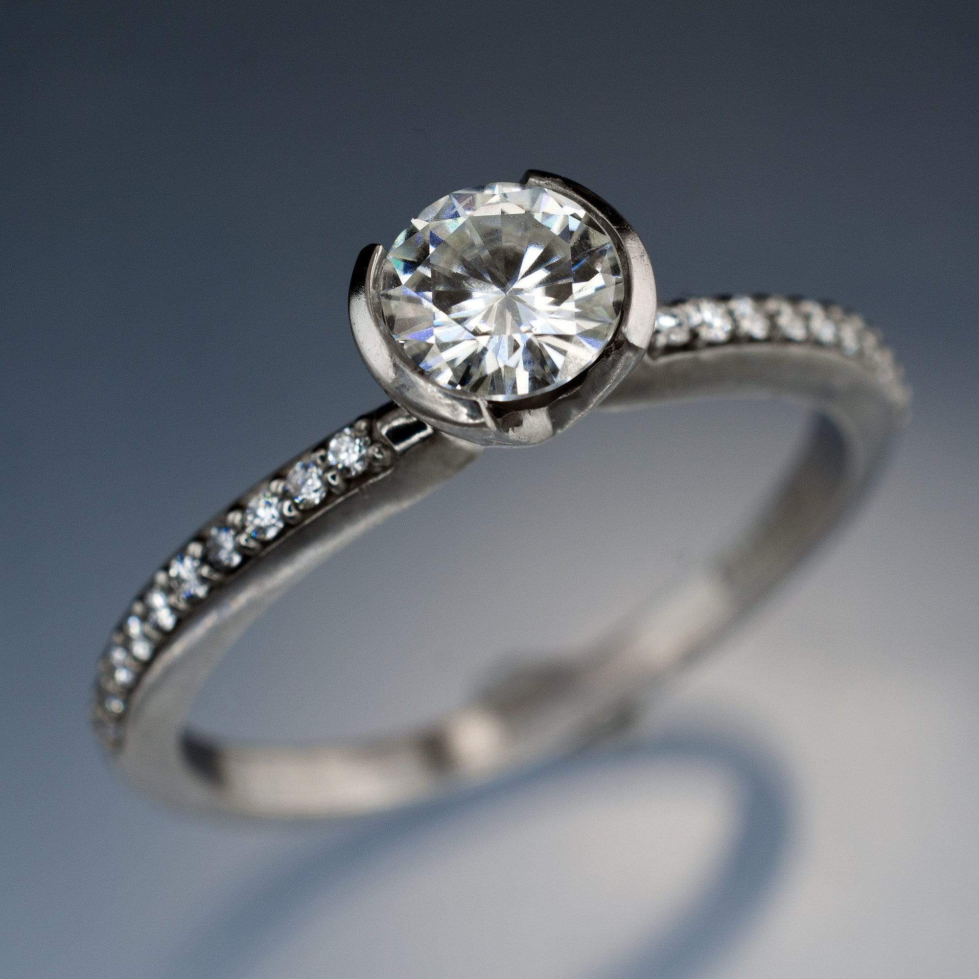Moissanite Round Half Bezel Diamond Micro Pave Engagement Ring