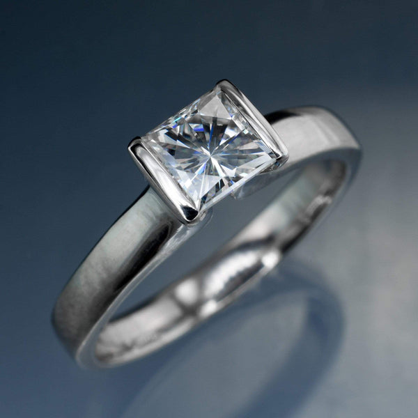  princess cut moissanite engagement ring in palladium . platinum or gold
