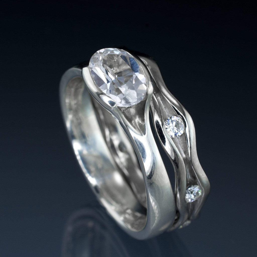 Oval White Sapphire Half Bezel Engagement Ring & Wave Wedding Band ...