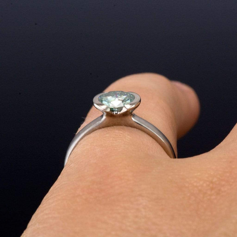 Round Blue 1ct Moissanite Half Bezel Solitaire Engagement Ring