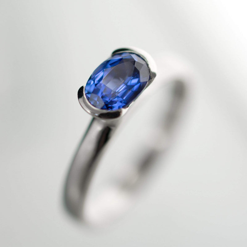 Chatham Lab Created Oval Blue Sapphire Half Bezel Solitaire Engagement ...
