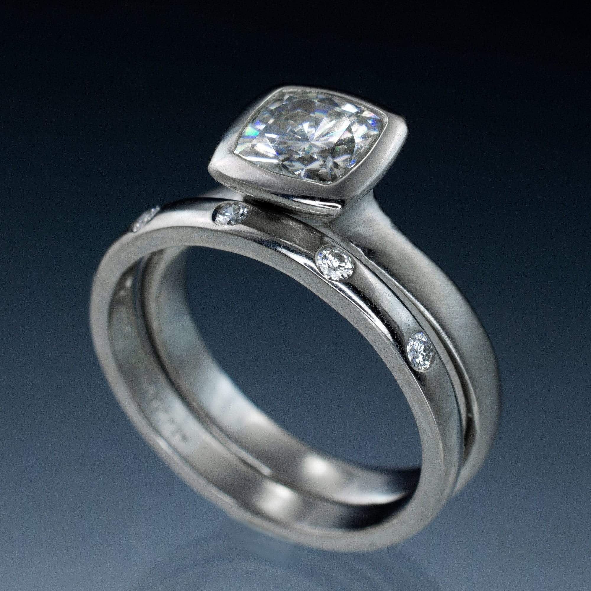 Bridal Set Cushion Moissanite Bezel Engagement Ring
