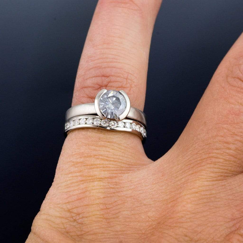 Round Gray Moissanite Half Bezel Solitaire Engagement Ring